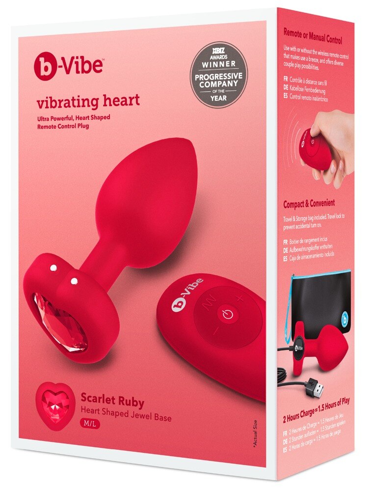 Vibrating red butt plug-heart with remote control M/L