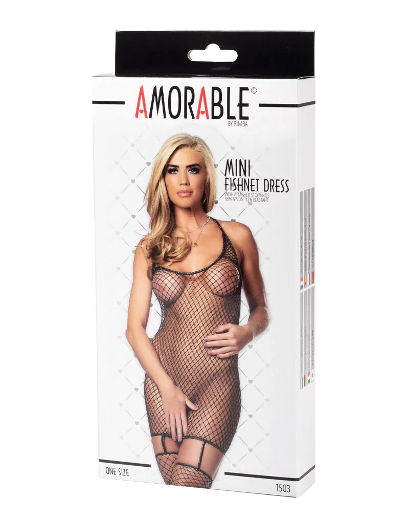 Amorable by Rimba - Fishnet Dress with Attached Stockings - One Size - Black / Silver